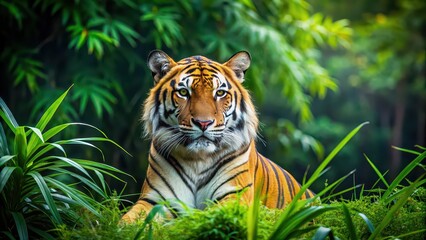 Wall Mural - beautiful bengal tiger in lush green habitat background, tiger, bengal, beautiful, wildlife, predato