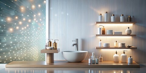 Poster - Bathroom interior with stand-podium for displaying cosmetics on abstract light background , bathroom