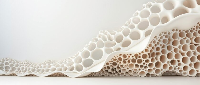 Abstract 3D rendering of organic structure with honeycomb pattern, showcasing intricate design and modern aesthetics in soft neutral tones.