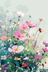 Wall Mural - Flowers sway gently in the breeze, their vibrant colors contrasting beautifully against the soft pastels of the sky, evoking a sense of harmony 