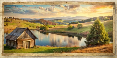 Sticker - Vintage postcard featuring a serene landscape with rolling hills, a tranquil lake, and a charming rustic cabin, vintage, postcard