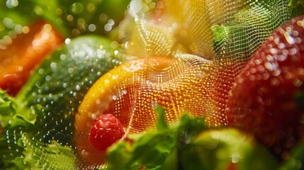 A burst of vibrant color fills the mesh screen of the juicer showcasing the diverse array of fruits and vegetables used in its creation.