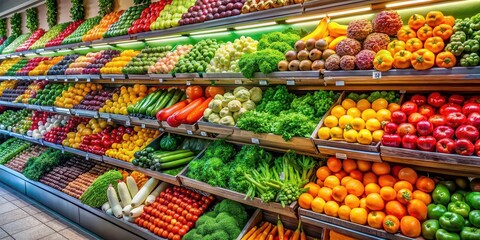 Sticker - Vibrant display of colorful fruits and vegetables at the supermarket , fresh, healthy, organic, vibrant, variety, produce