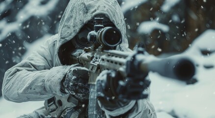 Wall Mural - Soldier Aiming Rifle in Snowy Winter Landscape