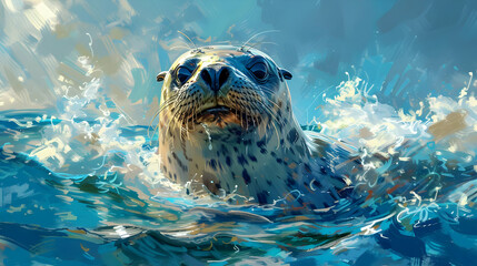 Canvas Print - Seal in the Ocean Illustration