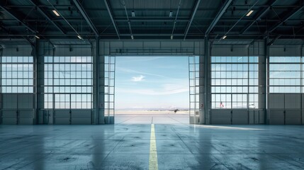 Wall Mural - Airplane hangar doors open to the tarmac. 