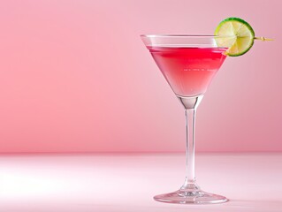 Wall Mural - A pink background with a martini glass filled with a pink drink with a lime wedg