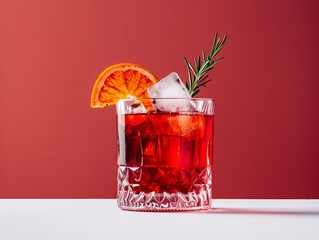 Wall Mural - A glass of red wine with an orange slice and a sprig of rosemary on top