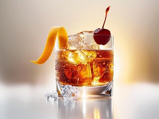 Poster - A glass of liquor with a cherry on top and a slice of orange peel