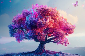 Poster - Vibrant digital art representation of an enchanted tree with colorful foliage set against a dreamy backdrop