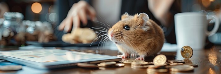 Wall Mural - A hamster is sitting on a table with a pile of coins and a laptop
