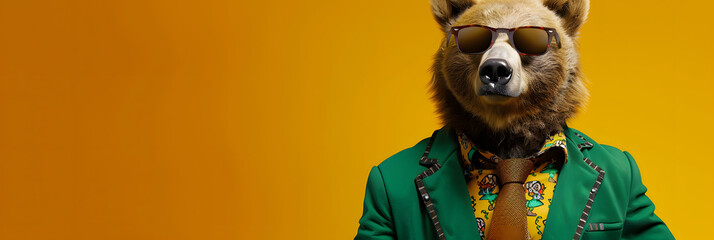 Wall Mural - Cool looking bear wearing funky fashion dress - jacket, shirt, tie, dark shades sunglasses. Wide banner with copy space side. Stylish animal posing. 