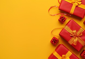 Canvas Print - A yellow background with red boxes and ribbons on it