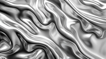 Wall Mural - Silver chrome metal texture with waves, liquid silver metallic silk wavy design, 3D render illustration.