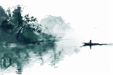 Canvas Print - A man is rowing a boat on a lake