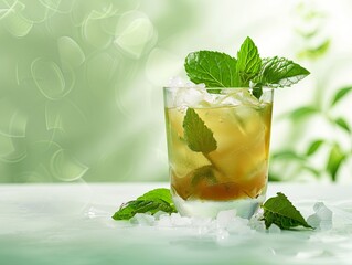 Poster - A glass of a drink with a green leaf on top