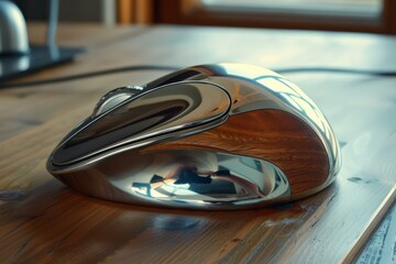 Poster - Modern reflective chrome computer mouse on a warm wooden surface, showcasing elegant technology