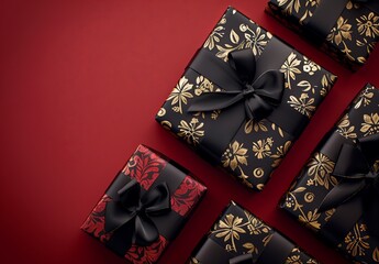 Wall Mural - A row of black and red boxes with gold bows on them