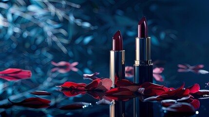 Canvas Print - Two red lipsticks are on a table with red petals