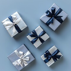 Poster - A row of silver and blue boxes with ribbons tied to them