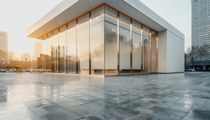 Modern office building, glass windows, evening ambiance, empty urban plaza