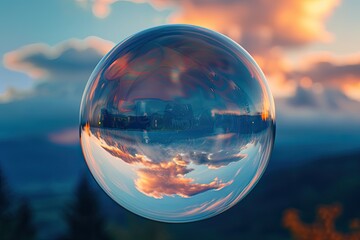 Poster - a bubble with a city in the background, close-up of a bubble reflecting the sky and surrounding landscape