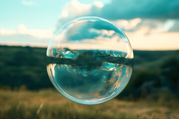 Poster - a bubble with a city in the background, close-up of a bubble reflecting the sky and surrounding landscape