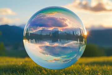 Poster - a bubble with a city in the background, close-up of a bubble reflecting the sky and surrounding landscape