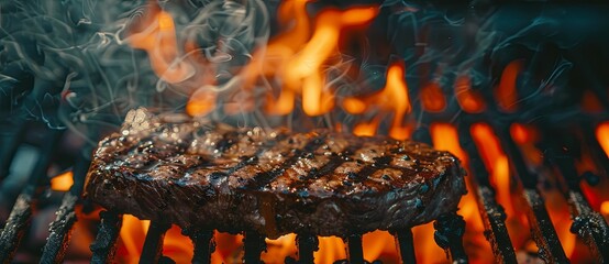 Poster - A steak is being cooked on a grill, with smoke and flames rising from the grill