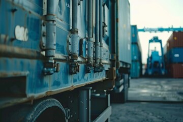 Poster - Closeup view of weathered freight containers stacked at a commercial shipping yard