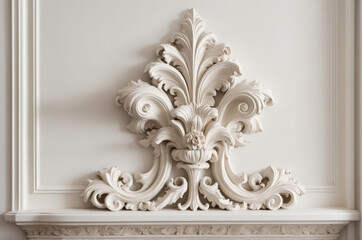 Ornate white plaster molding on white wall with intricate designs