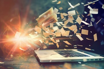 Poster - Dynamic image of papers flying from laptop explosion, symbolizing data security breach