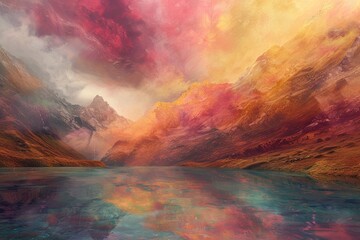 Poster - a painting with a black and yellow background, surreal landscape where water and pigment intertwine