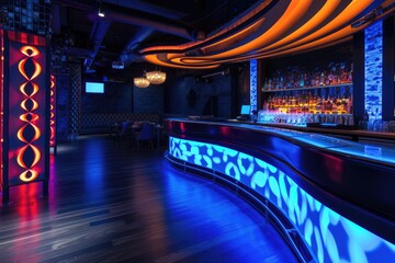 a bar with a blue light and a bar with a bar stool, stylish nightclub interior with dynamic lighting effects