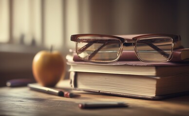 glasses and books on a wooden table, vintage toned image