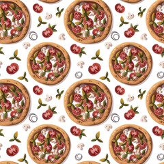 Wall Mural - Seamless pattern with Pizza Margherita with tomatos and mozzarella. Italian cuisine, healthy food, cooking, restaurant menu, eating, recipes concept.