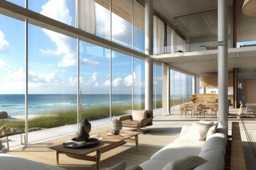Aufkleber - a living room with a large window overlooking the ocean, modern beach house with large windows and ocean views