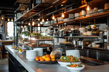 Aufkleber - a restaurant with a long table and a large window, Modern Fusion Bistro: Sleek open kitchen, innovative fusion dishes, playful plating, vibrant garnishes, minimalist lines