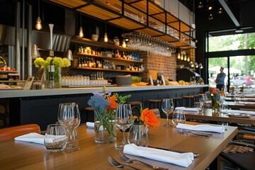 Aufkleber - a restaurant with a long table and a large window, Modern Fusion Bistro: Sleek open kitchen, innovative fusion dishes, playful plating, vibrant garnishes, minimalist lines