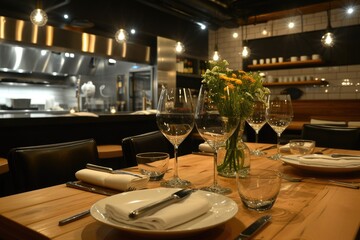 Aufkleber - a restaurant with a long table and a large window, Modern Fusion Bistro: Sleek open kitchen, innovative fusion dishes, playful plating, vibrant garnishes, minimalist lines