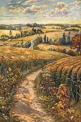 Canvas Print - In the foreground, a pathway winds its way through the fields, inviting viewers to imagine themselves strolling through this picturesque countryside and experiencing the serenity depicted in 