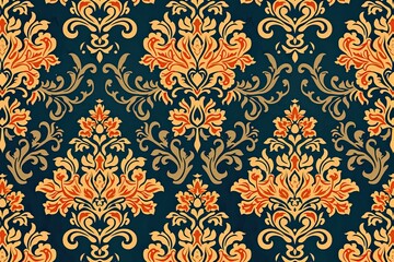 Poster - a floral pattern with orange flowers and green leaves, Seamless patterns for fabric, wallpaper, or other surfaces