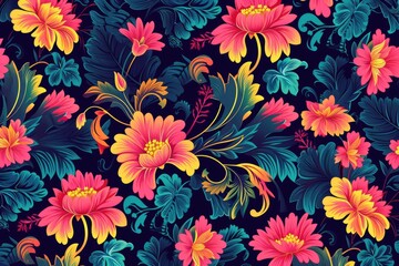 Poster - a floral pattern with orange flowers and green leaves, Seamless patterns for fabric, wallpaper, or other surfaces