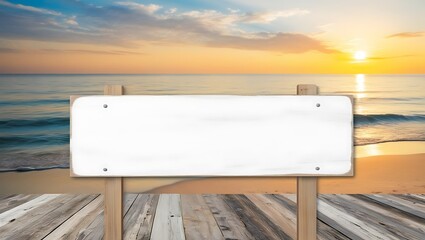 Wall Mural - Blank white signboard on wooden pier with sea and sunset background