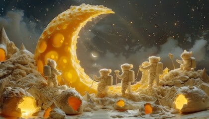 Wall Mural - Surreal moon made of cheese with mice astronauts whimsical space concept