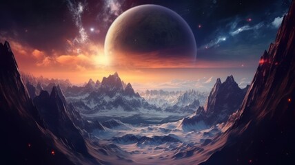Sticker - the fantasy picture of high mountain landscape with giant stars and space nebula lighting in the nig