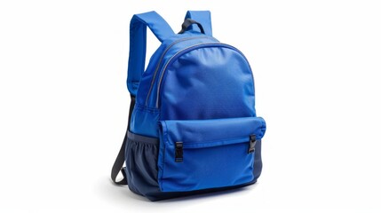 Backpack of blue color with black straps isolated over white background. Back to school.