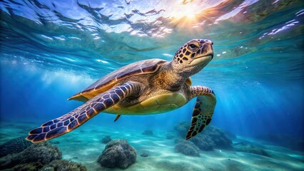 Poster - A masterful sea turtle gracefully gliding through the ocean waters , majestic, elegant, underwater, marine life, wildlife, beauty