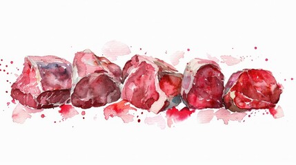 Watercolor drawing - Pork ribs. Raw meat, isolated on white background