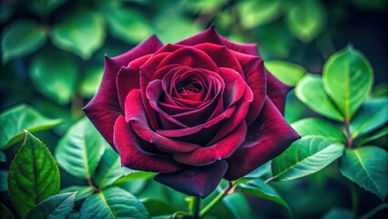 Poster - A beautiful dark rose with deep red petals surrounded by green leaves, dark, rose, flower, petals, deep red, vibrant, beauty